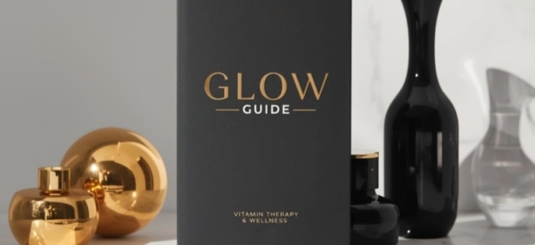 A picture of a wellbeing service menu in black with gold embossed writing on it saying 'Glow Guide'. It is sitting on a shelf made of white marble surrounded by gold and black ornaments. The look is chic and classic.