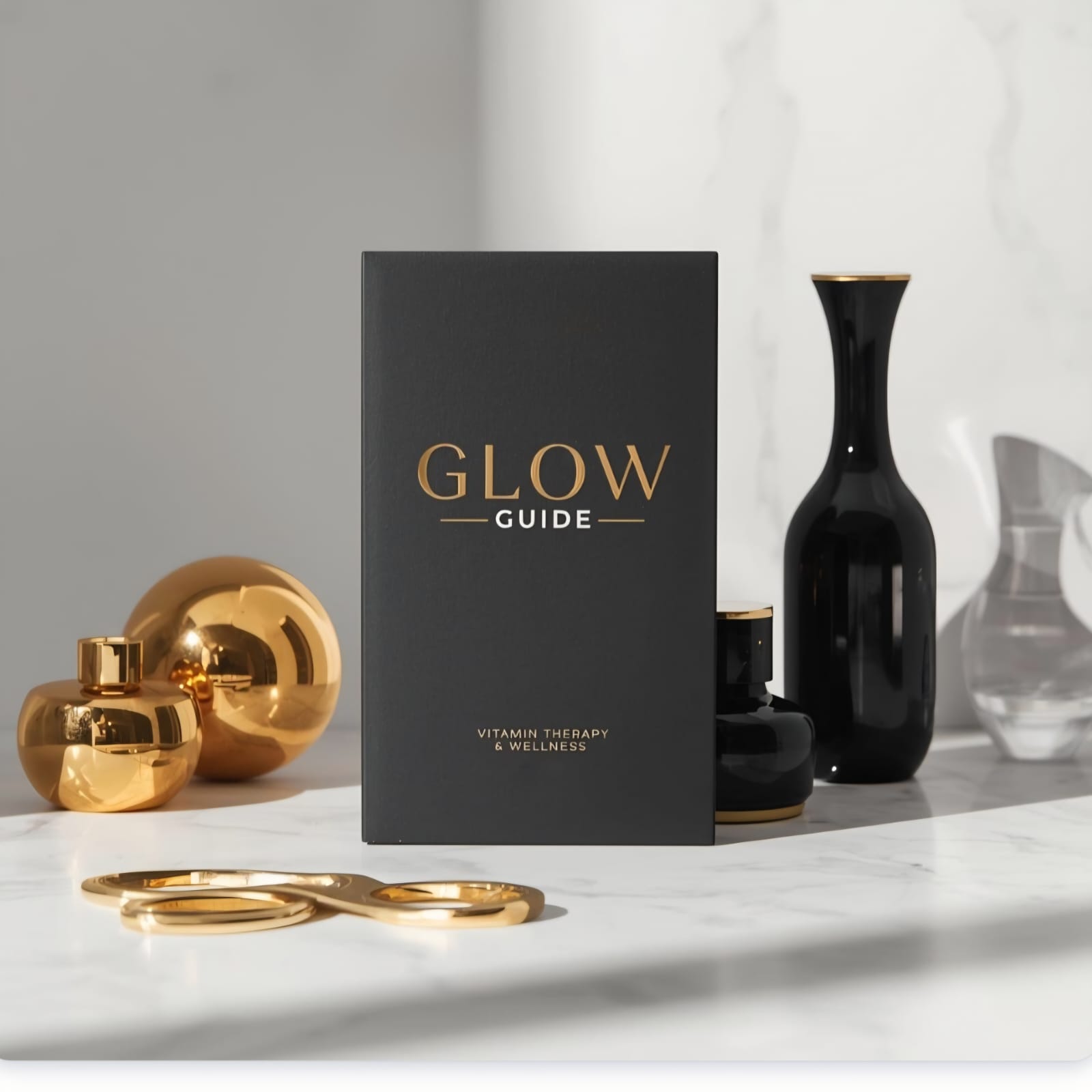 A picture of a wellbeing service menu in black with gold embossed writing on it saying 'Glow Guide'. It is sitting on a shelf made of white marble surrounded by gold and black ornaments. The look is chic and classic.